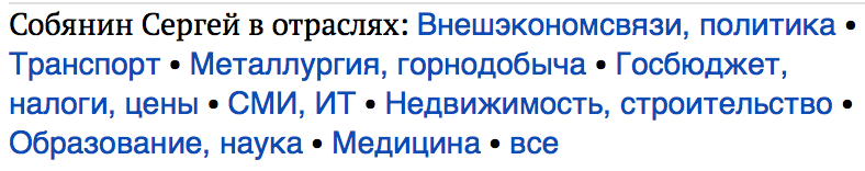 Первый экран раздела «Персоны» в меню слева, выборка по отраслям
